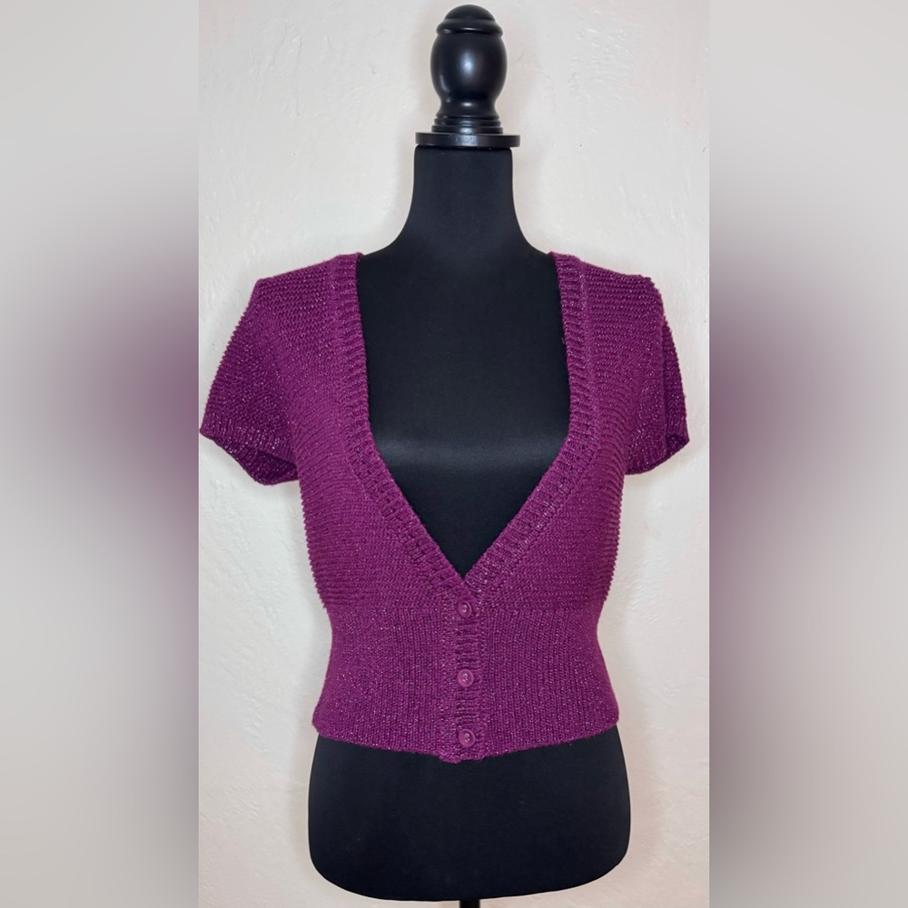 EXPRESS Metallic V Neck Crop Button Up‎ Sweater In Maroon Women’s Large